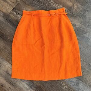 Limited Orange Linen Pencil Skirt Size 6 Belted Lined Back Zip Summer Preppy